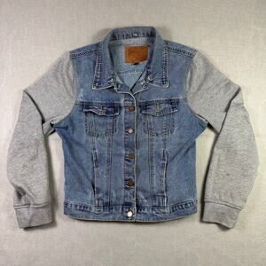 BBJ Los Angeles Women’s Denim Jacket Gray Fleece Hooded Sleeves Size L